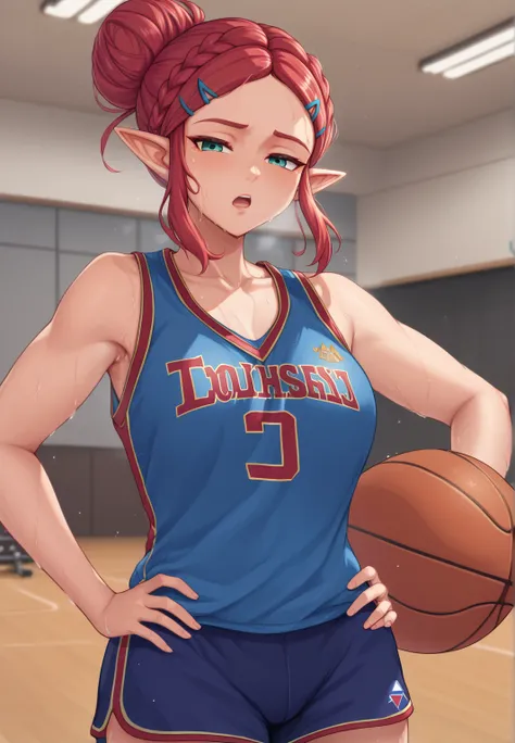 masterpiece, best quality, highres, aazelda, Princess_Zelda, hairclip, red hair,  pointy ears, hair tied into a bun, blue tanktop, inside gym, standing, cowboy shot, gym background, open mouth, out of breath, sweaty, sweating, exhuasted, tired exporession,...