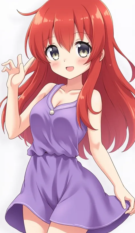 long red hair, with a surprise and ripped, amole uder her eyes Silver eyes, long, lashes, short summer purple dress, surprise, and slightly wavy hair from the ends, Smile, Anime, Anime style, 1girl, Solo, 