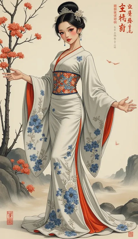  the detailed proportions and textures brushed multicolored and softened with airbrush , a semi-realistic Chinese ink illustration A young traditional girl of from the 1920'S  period is shown (full body, pose and in high quality) in traditional Japanese (w...