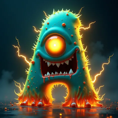 Create a single 3D letter 'A' designed as a unique monster-like character. The letter has a large, glowing central eye, sharp teeth, and smaller additional eyes scattered around its surface. The shape is bold, rounded, and slightly exaggerated with a textu...