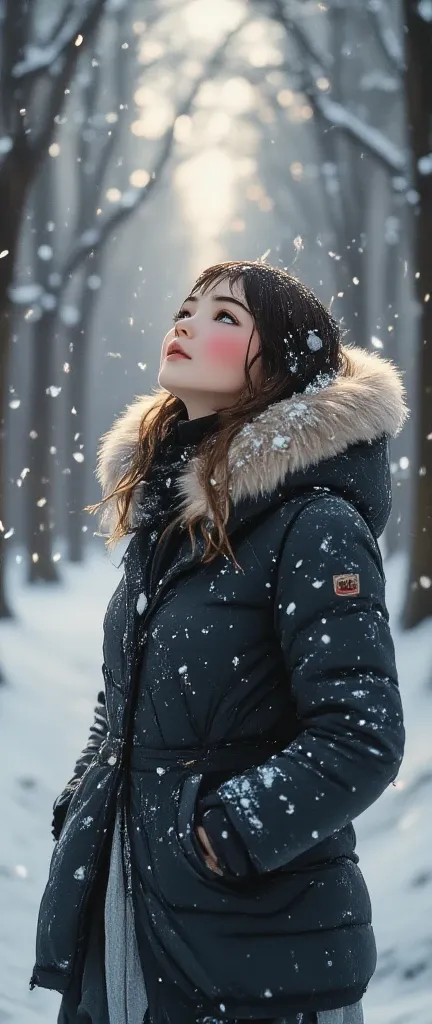 1 girl, European, dark hair winter (upper body close-up), a girl is walking along a long alley with trees. The girl's body is shot from the side, her head is turned towards the viewer. winter atmosphere, (snow falls in flakes), snowdrifts, fog. Cold. Frost...