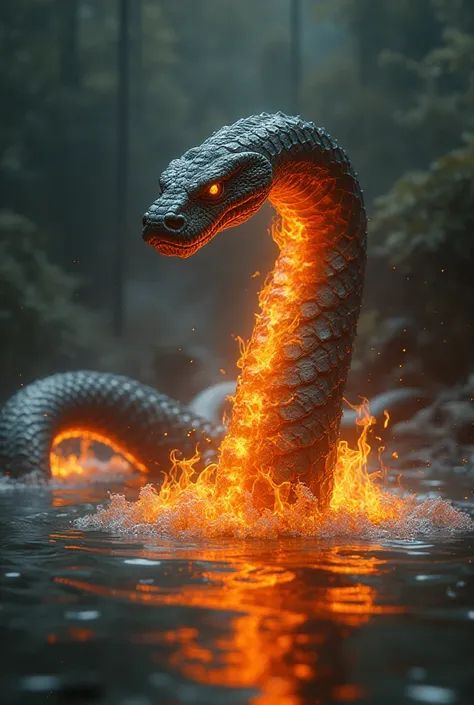 Create an ultra realistic image of a snake coming out of the water,With your body on fire 