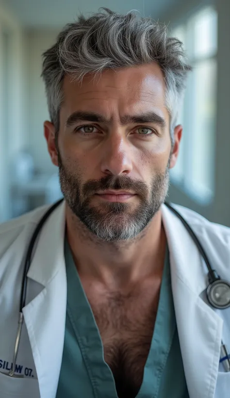 masterpiece, best quality, high resolution, closeup portrait, male focus, solo focus, A man, 25 years old, with doctor uniform, doctor suit, medicine doctor, silver grey hair, messy hairstyle, cute and seductive face, bare chest, body hair, facial hair, ro...