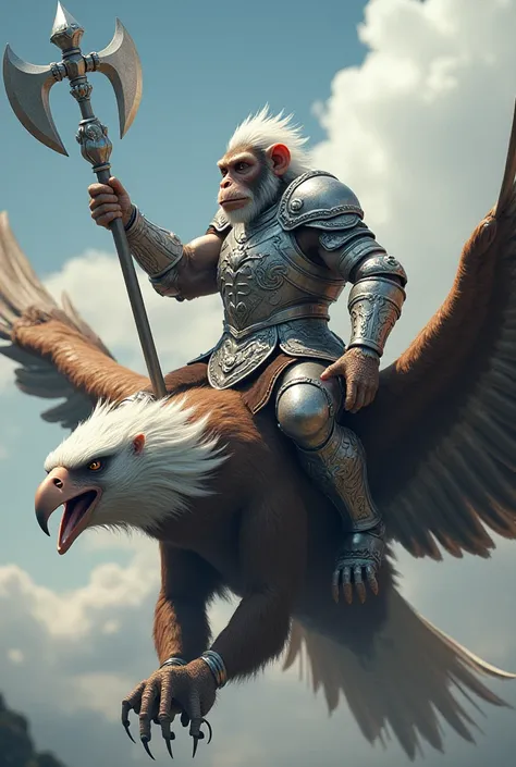 Warrior monkey in silver armor holding a giant halberd and riding a flying eagle