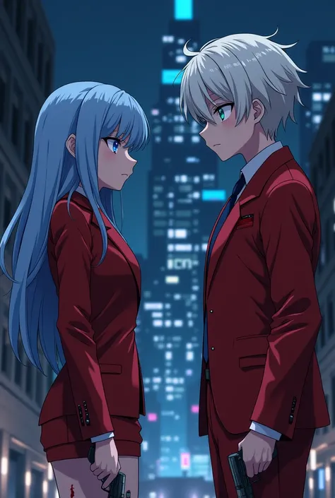 The anime image with sharp lines and a cool look is a picture of a woman with white gray eyes and long blue hair, wearing a pig blood red suit and wearing red shorts, holding a blood-stained knife, standing next to it is a man with white hair and blue eyes...