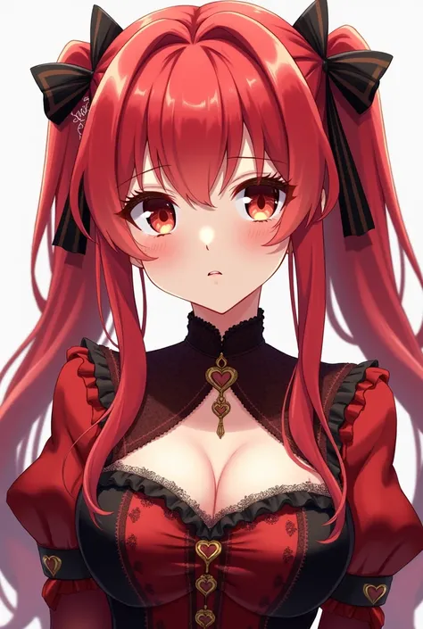 Hoshou Marine anime style, she has red hair with blond tips at the end of her hair, victorian red and black dress revealing a bit her bosom, she has red and yellow eyes, heart-shaped eyes, she has long hair AND she has pigtails