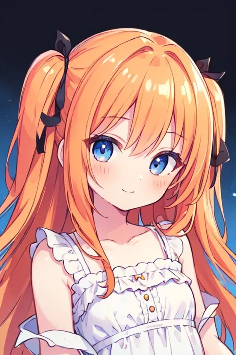 (best quality, masterpiece:1.2), ultra detailed, extremely detailed eyes and face, natural skin texture, detailed skin, natural lighting,
 chibi, 1 girl, 14-years-old, (cute),
 (two-side up), orange hair, shiny hair,
 blue eyes,
 (small breasts),
 BREAK ni...