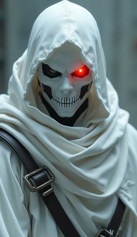 White cyborg ghost samurai, red light eye, photorealistic,