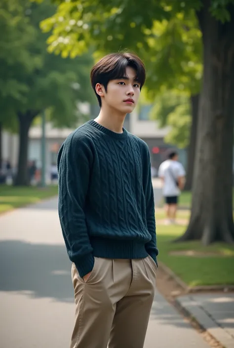  Ultra-realistic , Realistic,  Dramatic Scene , shadow, Full-area lighting,  A 21-year-old Japanese male ， Outdoors on college campus ， Female protagonist looking into the distance ， wearing a ball season sweater ，khaki pants， casual shoes， male horn eyes ...