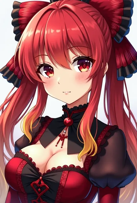 Hoshou Marine anime style, she has red hair with blond tips at the end of her hair, victorian red and black dress revealing a bit her bosom, she has red and yellow eyes, heart-shaped eyes, she has long hair AND she has pigtails