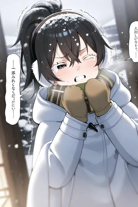 Girl shivering in the cold in the snow、poncho、 hooded coat 、 muffler on my face that holds my ears、Frozen hair 、 clenching my teeth、 black hair、 ponytail、Earmuffs、Add surprising lines、I'm wearing a 、 is astonished、 breathing out 、 is wearing a hood、swellin...