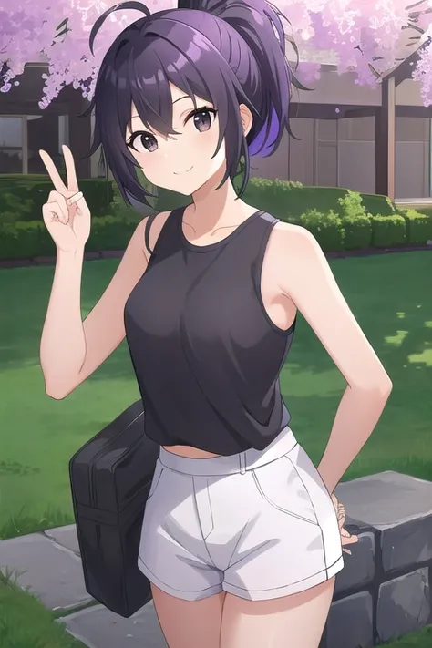 (masterpiece,   best quality :1.2)、Outdoors、Alone、woman、whole body、 from before 、 high school students、 Calm Atmosphere 、Black and purple hair、 standing straight 、  peace sign the viewer、 ponytail、smile、Bedhead、 sleeveless clothes、 small tits、 white hot pa...