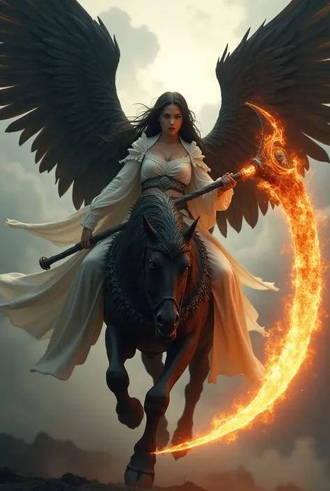  A heavenly angel with black wings,  carrying a fire scythe , riding an evil harpy .