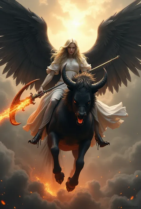  A heavenly angel with black wings,  carrying a fire scythe , riding an evil harpy .