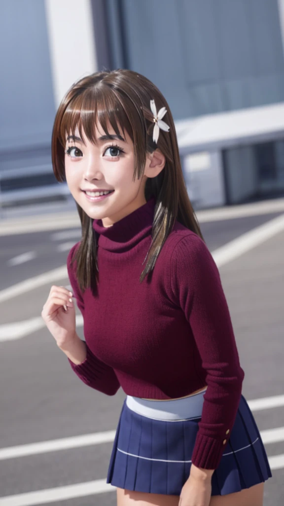 pixel perfect, Perfect in every detail, alone, 1 girl, Saten Ruiko, medium breasts,wave hair,turtleneck,,mini skirt,smile,stylish pose,stylish angle,looking at the viewer,in the center of the image,alone,