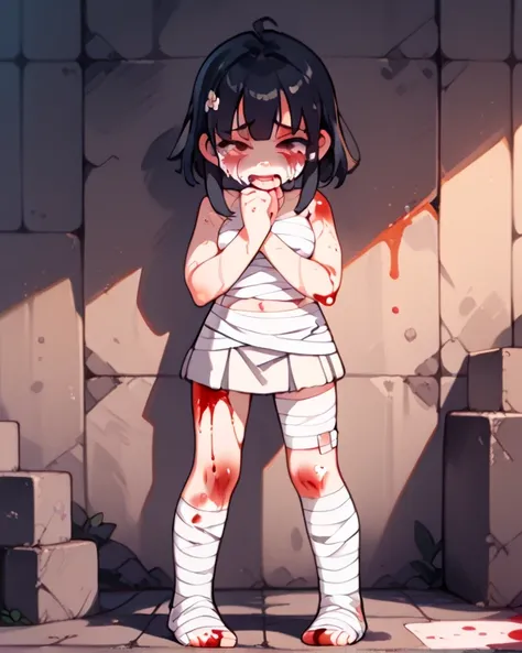 A girl who was seriously injured(masterpiece)、 elementary school students(Very young)、ruins(Blood pooling around)、ruinsを歩いている(Undazed footsteps)、 dark hair( Very Short)、Injuries all over the body(Numerous cuts ( is bleeding、Bloody )、Full body bandages(Plac...