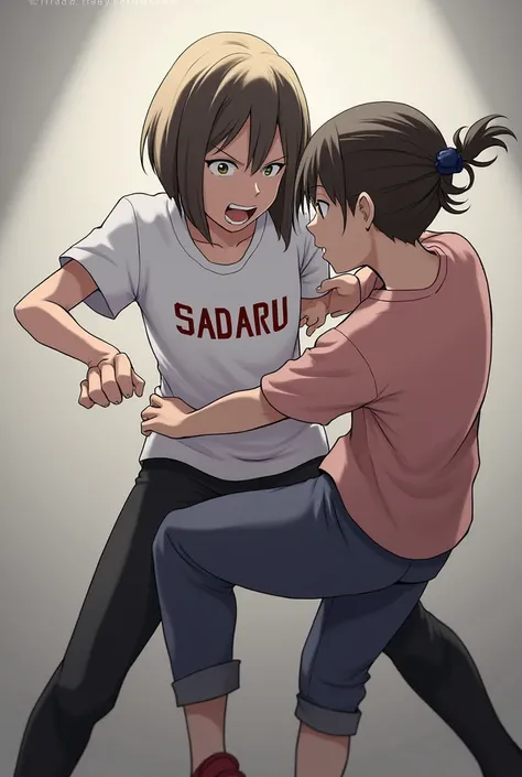 A boy fighting with girl his t ahirt name is sadaru