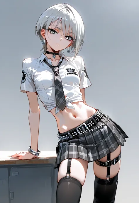  high resolution, best quality, white short sleeve cutter shirt, human girl with gray eyes and white pupils,Skinny girl , small tits, small breasts,Punk Fashion Belt , silver hair short hair ,grey and white plaid pleated miniskirt, high school uniform ,Ame...