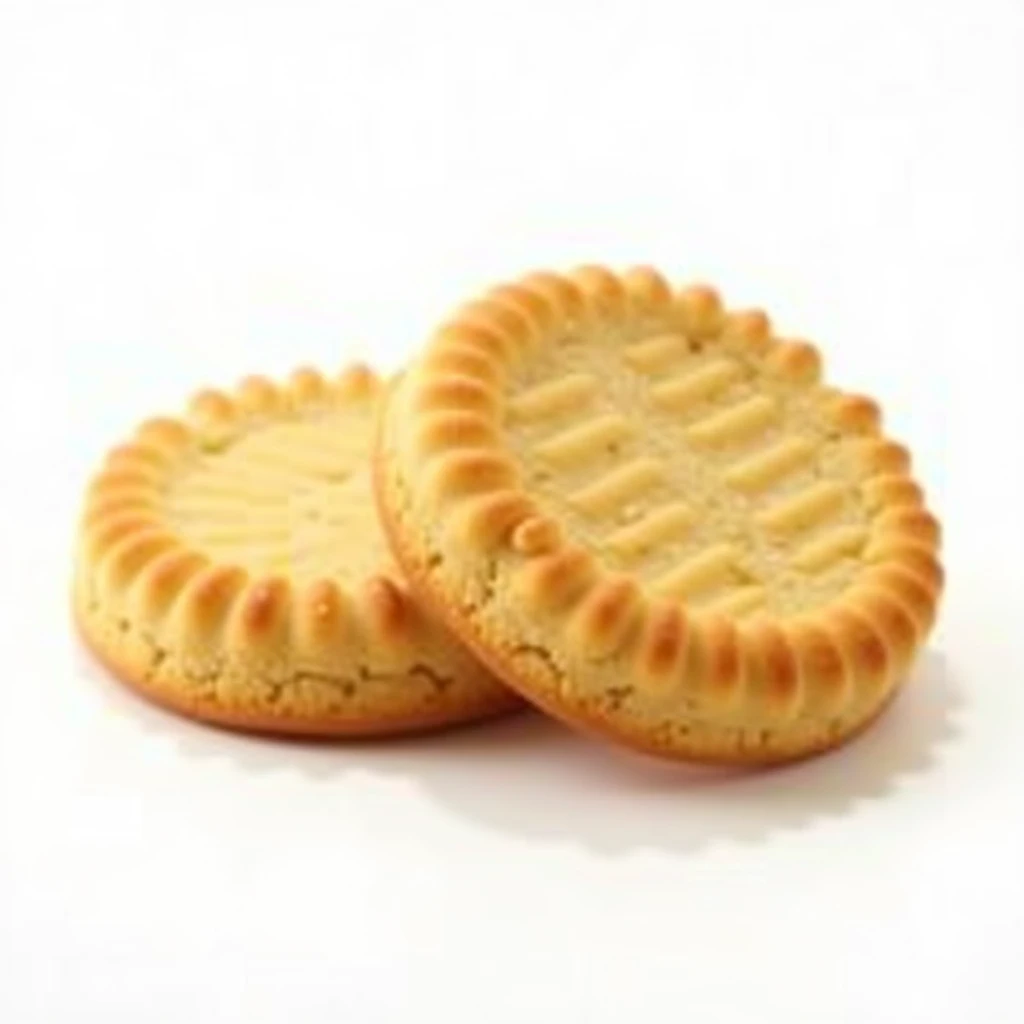 "A close-up of two golden butter cookies with a classic circular design, featuring ridged patterns and a soft, crumbly texture. The cookies rest against a clean white background, showcasing their baked perfection. Ideal for bakery promotions, dessert visua...