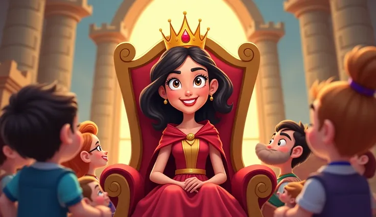 A s' cartoon-style image of a kind queen sitting on a throne. She wears a shiny golden crown and a red cape, with a castle backdrop and cheerful subjects around her.