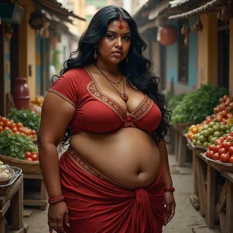 Indian extreme plus size BBW chubby fat busty dark skinned wide woman with dusty face with large breast and large extreme fat curvey figure and wide shoulder and long hair and wearing black deep neck tight fitting blouse with displaying big cleavage and di...