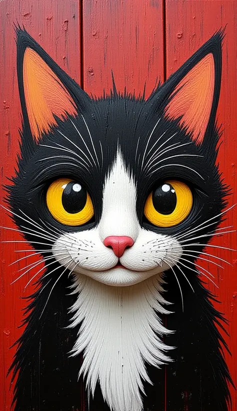 This is a striking artistic representation of a cat, featuring bold colors and expressive details. The cat has distinctive markings with a combination of black, white, and a hint of red, while its large yellow eyes draw attention. The style appears to be a...