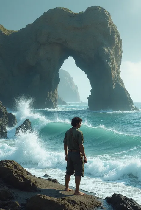 The sea's waves crashing against the rocks, forming shapes and sounds that seem to communicate, as a young fisherman stands before an ancient stone arch.**