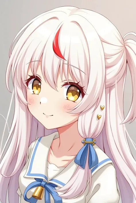 Anime,girl,long,soft white hair with small red streaks,golden eyes,fair,porcelain skin and two,upside down love heart shaped beauty marks underneath left eye,and one upside down love heart shaped beauty mark underneath right eye,along with a golden bell ti...