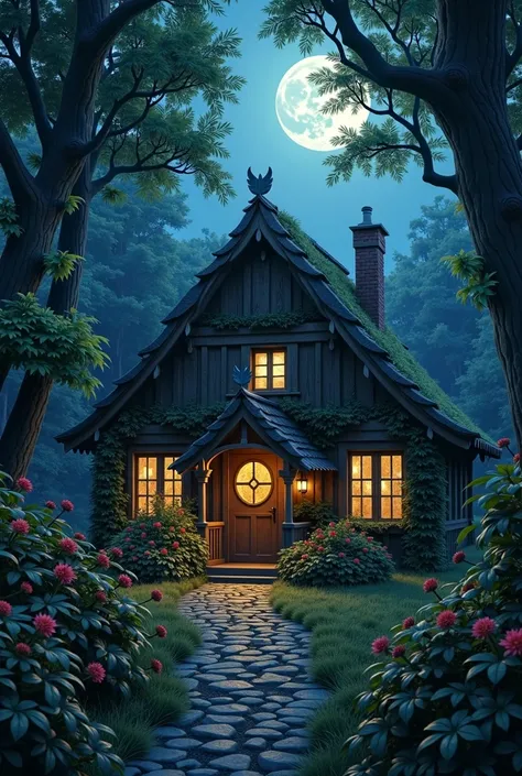  nighttime scene of a house in the woods with a path,   fairy tale full of flowers and vines , realistic  fantasy rendering by Andreas Rocha , Fantasy House, inspired  by Andreas Rocha ,  Andreas Rocha Style,  cozy and enchanting scene,  fantasy rendering ...