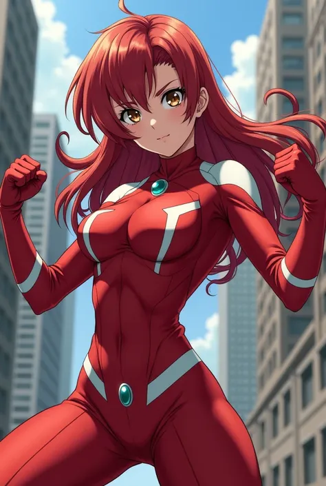 My Hero Academia Style , Anime girl, female, young female,muscular female,Full Body Shot,(fighting Pose:1.3),Long hair, Red Hair,  Brown Eyes,Hero Suit, Full Body Suit, red suit with white details,small round blue jewel in the center of the chest, perfect ...