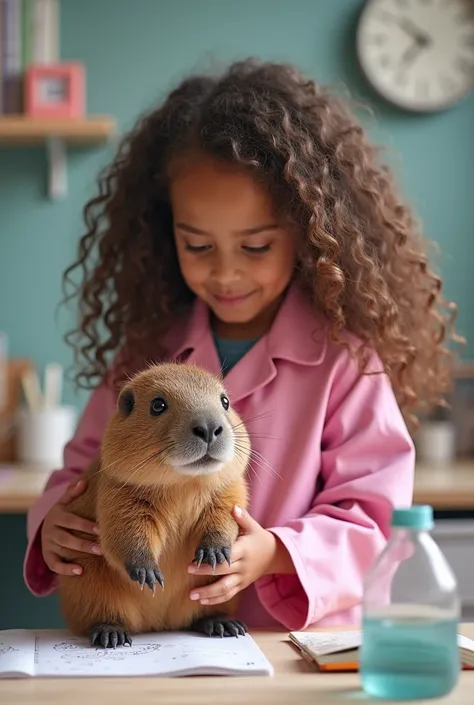 I wanted a cutie with long curly hair science lab playing with a cute capybara they are wearing pink lab coats in this photo notebook cover 80 sheets unrealistic double sided photo very curly hair and the cute little   the unrealistic photo 