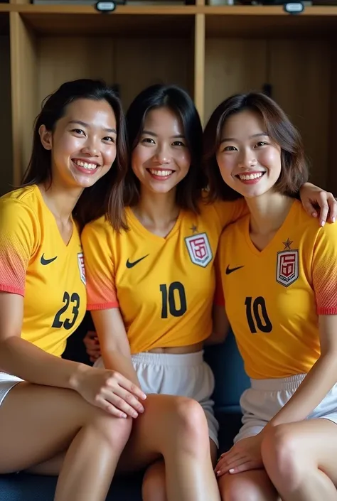 8K HD real photo. 3 beautiful white women with short hair 25 years old Indonesian national sweet smile wearing yellow striped red jersey and white striped black shorts. Player number 23, 10,18. Photo pose sitting on a chair . The background of the place wh...