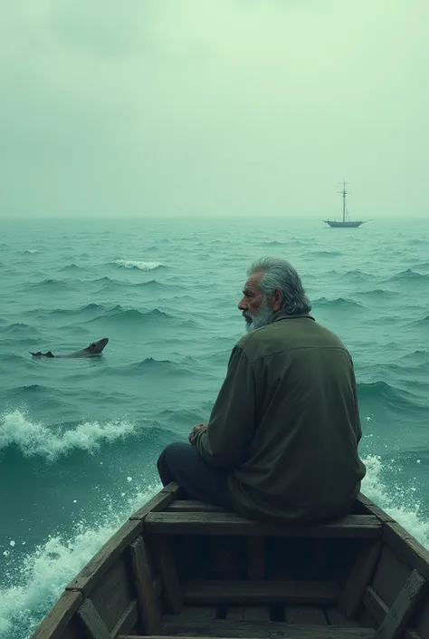 A fisherman sitting on the edge of his boat, listening intently to the ocean, while the waves swirl around him, hinting at ancient creatures and stories hidden beneath the surface.**