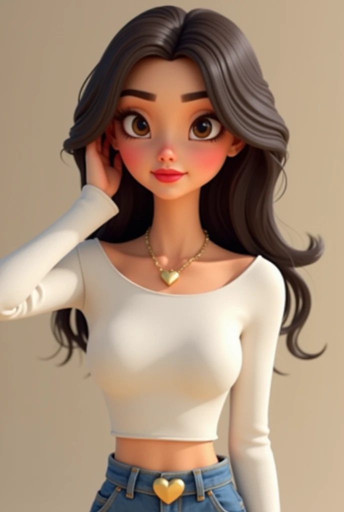  Pixar 3D style creates a beautiful 25-year-old woman with fair skin ,  brown eyes,  long dark brown hair , Your face is delicate,  her nose is rounded and her lips are small . In her makeup ,  She wears red lipstick . She is wearing a tight white high-wai...