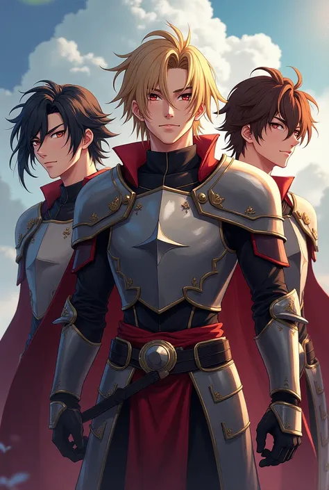 male３people　 handsome　knight　 black hair　Blonde　Brown hair anime style, 