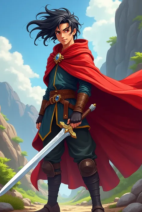 Warrior Adventurer Costume Red Cloak Sex Sword Masterpiece 20-Year-Old Young Man Red Eyes Black Haired Hair Cartoon