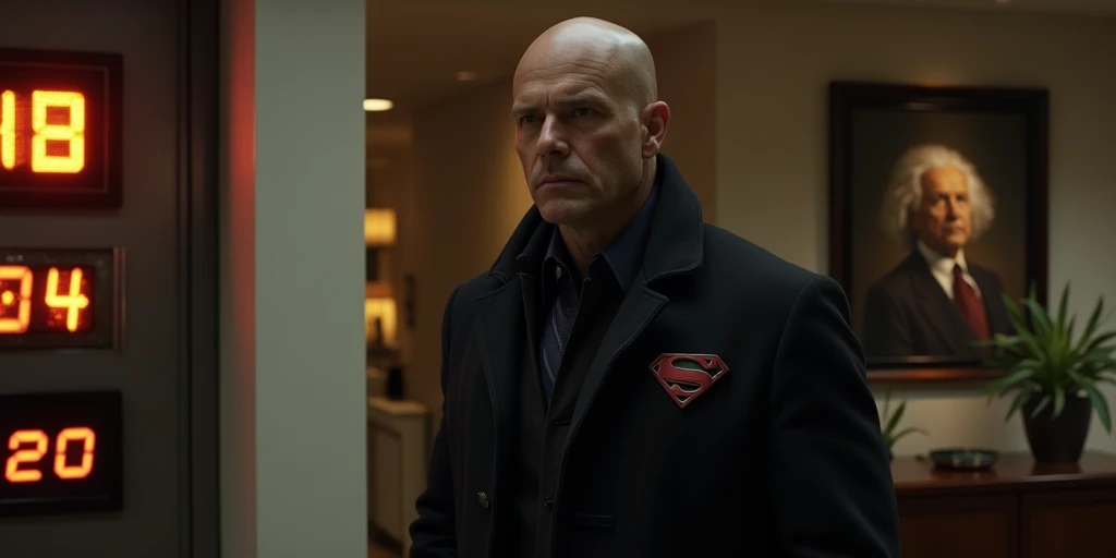 Bald Lex Luthor in a black coat with a superman emblem above his pocket,  modern home , electronic clocks show 04 20 times, glowing Noir lettering on the wall, a portrait of Albert Einstein in the corner, evening