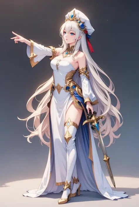 A majestic vision of Navia from Genshin Impact: A statuesque woman stands tall, her long white hair cascading down her back like a river of moonlight. Her white headdress, adorned with a gleaming gold chain and a vibrant red ribbon, frames her piercing blu...