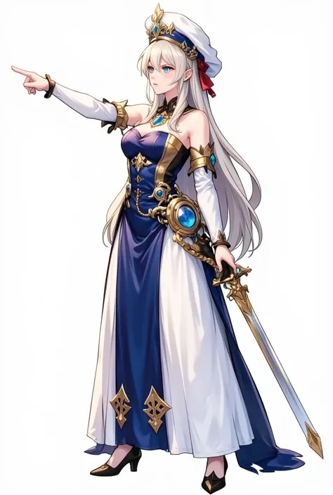 A majestic vision of Navia from Genshin Impact: A statuesque woman stands tall, her long white hair cascading down her back like a river of moonlight. Her white headdress, adorned with a gleaming gold chain and a vibrant red ribbon, frames her piercing blu...