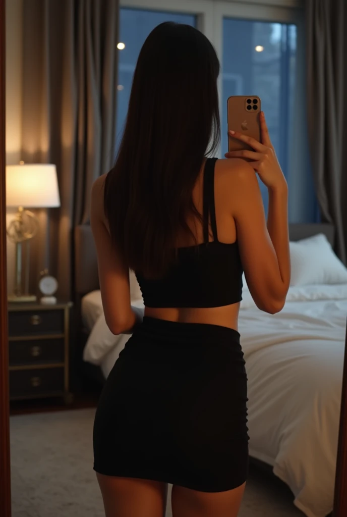 Create image of beautiful white girl with black straight hair wearing black body hugging miniskirt, she is holding up her iphone 14 to take pictures in front of the mirror in her extremely large and modern bedroom at night