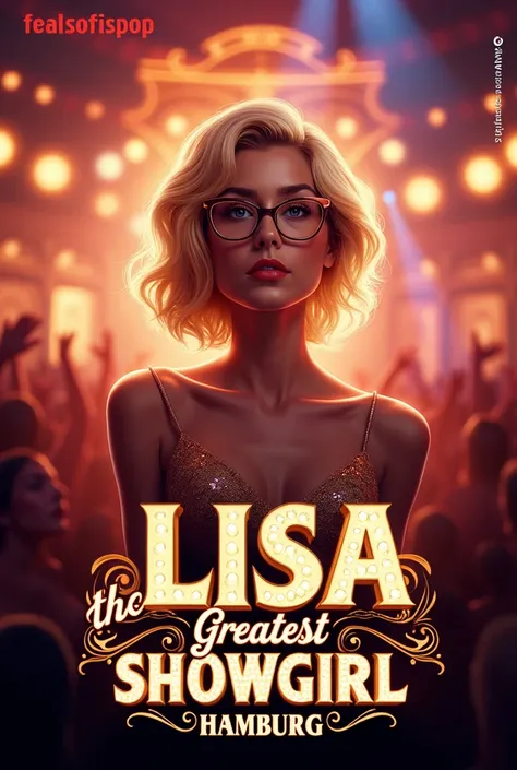 A musical poster. Blonde woman with medium length hair and glasses. Headline: Lisa the greatest Showgirl Hamburg