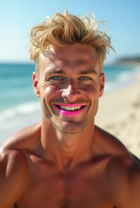 "A playful blonde-haired muscled man with bold blue eyes, a cheeky grin, and soft pink lipstick, surrounded by a blurred beach scene."