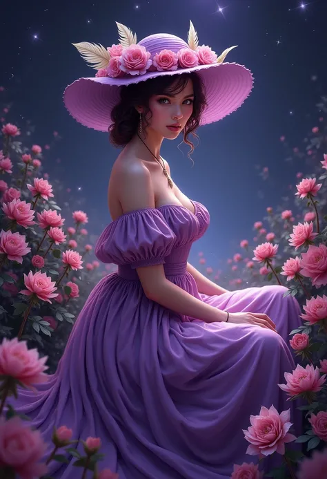  ambient light,  is a picture of a woman looking directly at the camera ,  in a purple dress and hat with a feather and flowers,  sitting on a chair in a garden ,  among beautiful flowers ,behind is a dark purple background ,  with flickering rare small st...