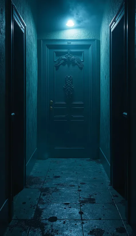 Porta Macabre and Sombria.  dark and bluish environment, spooky and dark corridor with a door that attracts a lot of attention