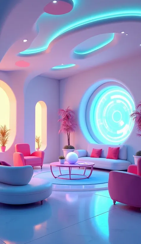 "Design a cartoon-style futuristic interior set against a clean white background. The room should feature smooth, curved walls and glowing neon accents in bright, playful colors like blue, pink, and green. Add oversized furniture with rounded edges, floati...