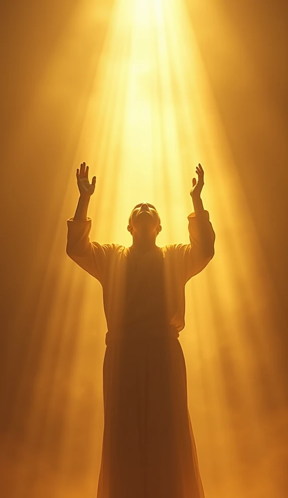 A person standing, with hands raised to the sky in worship, surrounded by a soft golden light, symbolizing divine connection.