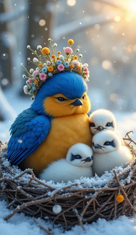 "Fairytale Bird Family in Winter"
"A stunning bird with royal blue and golden feathers, wearing a crown-like headdress made of tiny flowers and jewels. She is resting in her cozy nest, which is woven with twigs, flowers, and snow crystals. Her three baby b...