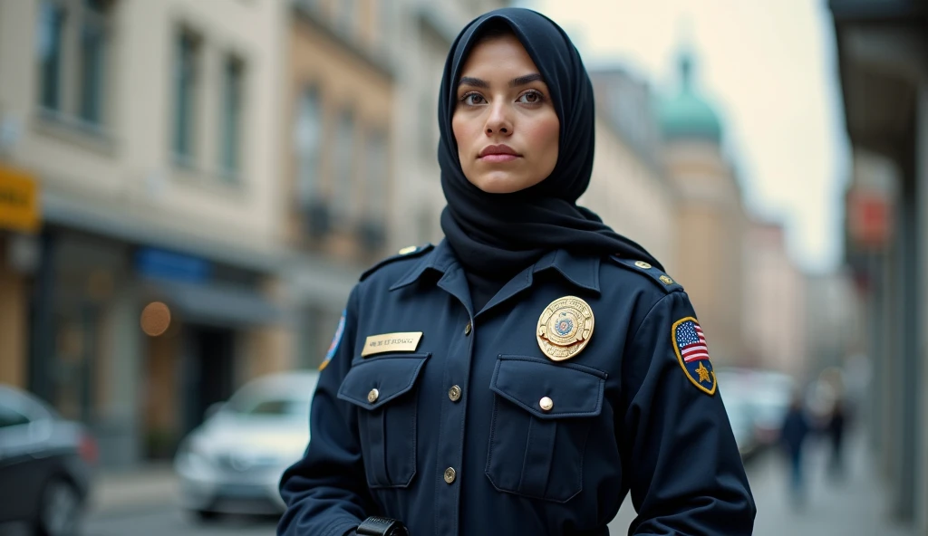 Sarah (American policewoman with a European body, wearing a police uniform, white skin, wearing a black headscarf)