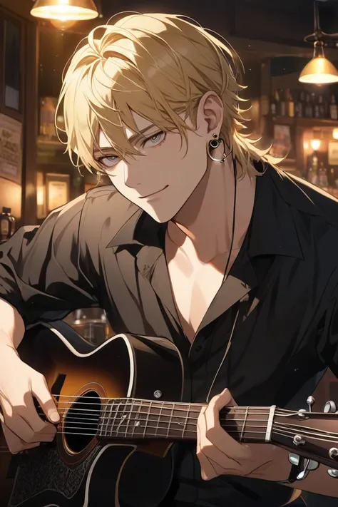 A white man with double eyelids, blonde hair, handsome, black shirt, sly face, playing music at night in a pub, wearing black round earrings.