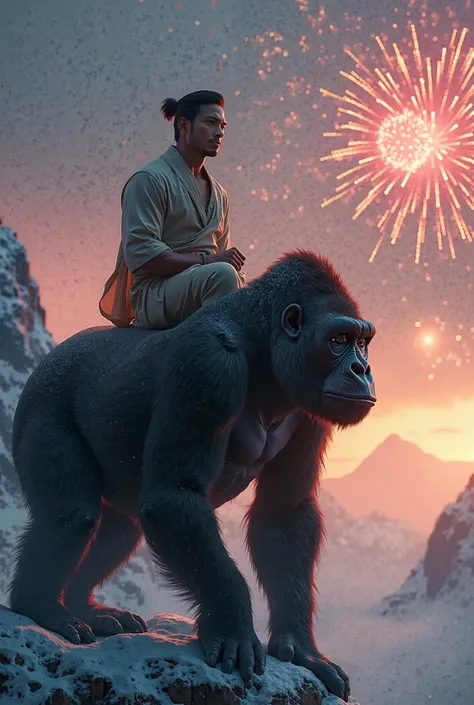 Handsome Indonesian man with front view face sitting on the shoulders of a gorilla on top of a mountain of snow watching the fireworks of the Chinese theme 